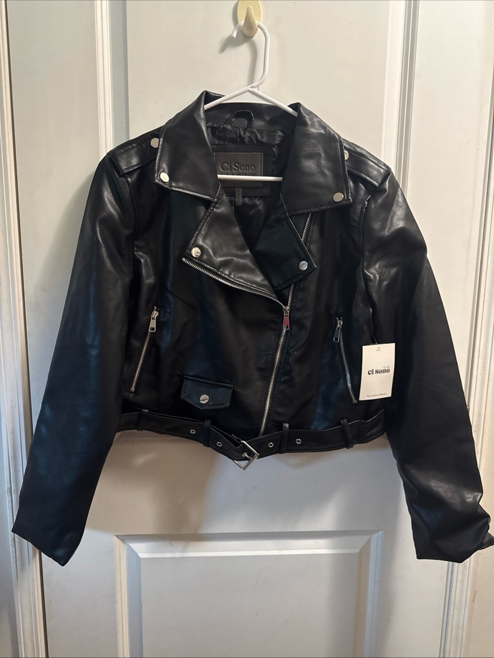 Ci Sono Black Faux Leather Biker Jacket with Belted Hem